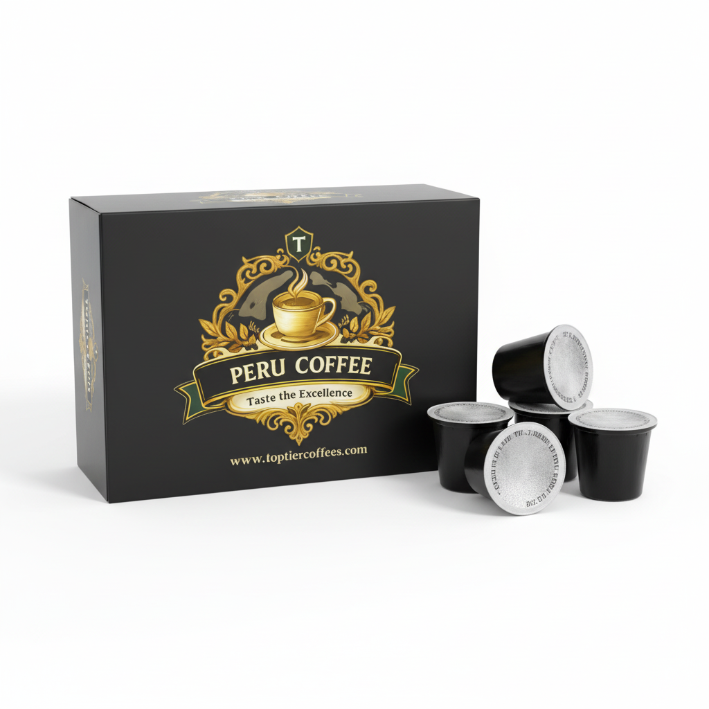 Peru Coffee K-Cup Compatible - Black box with gold Top Tier Coffees logo and 4 K-Cup pods