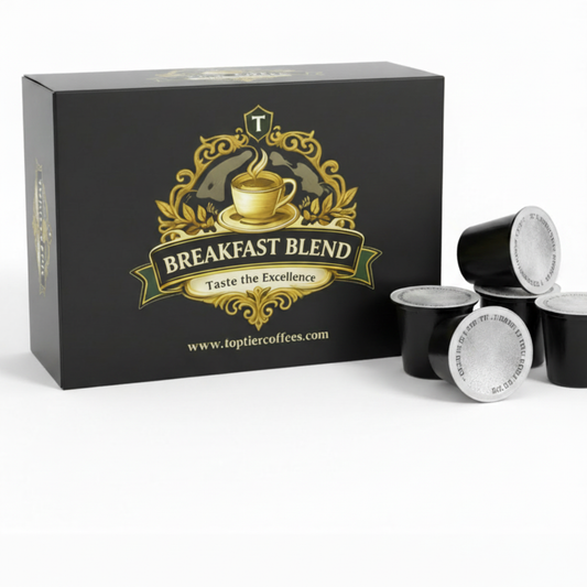 Breakfast Blend K-Cup Compatible - Black box with gold Top Tier Coffees logo and K-Cup pods