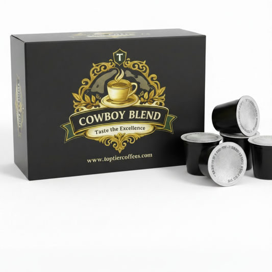 Cowboy Blend K-Cup Compatible - Black box with gold Top Tier Coffees logo and K-Cup pods