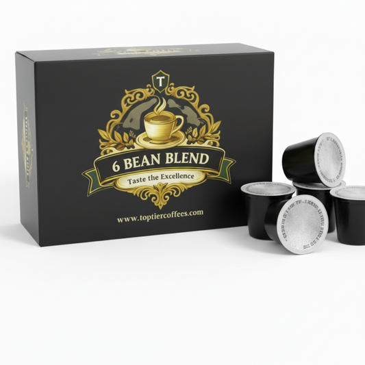 6 Bean Blend K-Cup Compatible - Black box with gold Top Tier Coffees logo and K-Cup pods